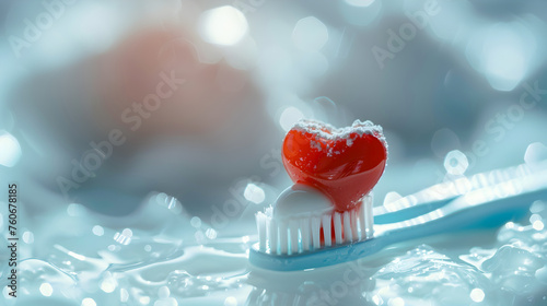 Red heart gel on brush, affectionate oral hygiene. Brushing teeth with love, heart-shaped candy taste toothpaste on toothbrush on wet bokeh background. Teeth care with love. Dental health concept