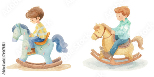 cute kid on rocking horse watercolour vector illustration 