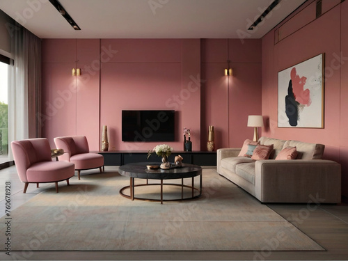 Villa living room, modern minimalist style, pink walls with a few leather pink accents, exuding a sense of luxuryhouse