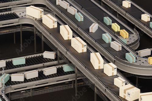 Complex Network of Automated Conveyor Belts in a Logistic Hub 3d image