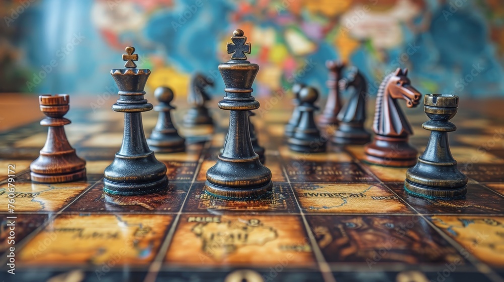 Close-up view of chess pieces on a board, focusing on a king and queen in a strategic game setup with a blurred map background. Close-up view of chess pieces on a board, focusing on a king and queen in a strategic game setup with a blurred map background.