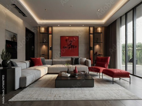 Villa living room, modern minimalist style, pink walls with a few leather pink accents, exuding a sense of luxuryhouse