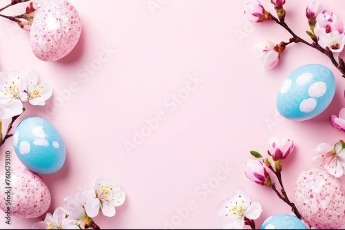 Happy Easter card concept. Border Frame with pink and blue speckled easter eggs with copy space for text isolated on white background. Top view
