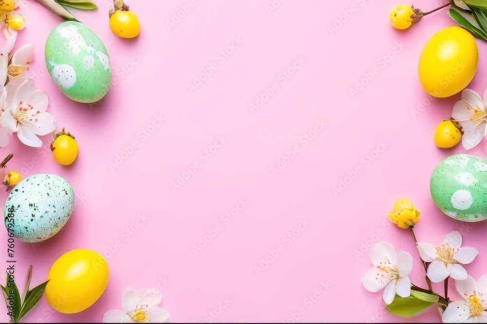 Happy Easter card concept. Border Frame with yellow and green speckled easter eggs with copy space for text isolated on white background. Top view