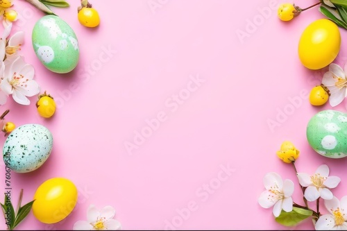 Happy Easter card concept. Border Frame with yellow and green speckled easter eggs with copy space for text isolated on white background. Top view