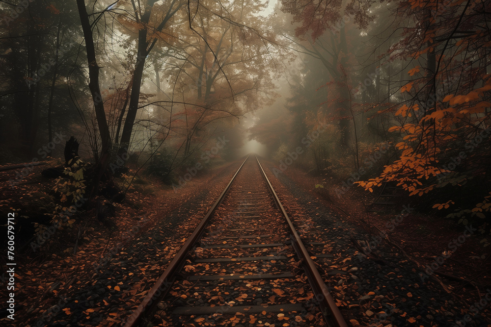 Fototapeta premium train tracks through an autumn forest