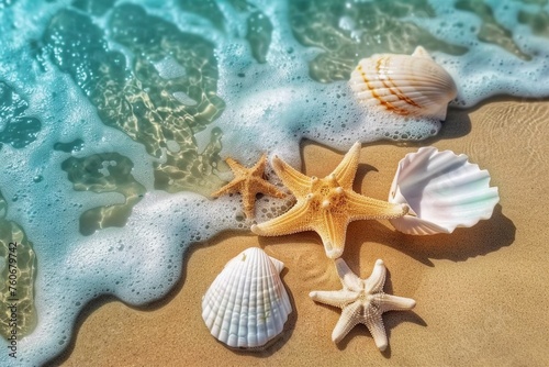 Starfish and seashell on the summer beach in sea water. Summer background. Summer time. generative ai.