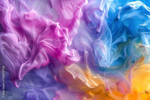 Beautiful abstraction of liquid paints in slow blending flow mixing together gently.