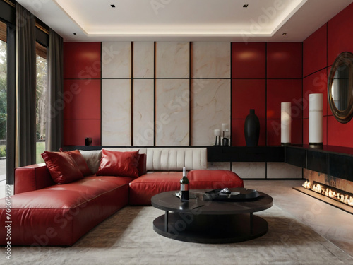 Villa living room, modern minimalist style, red walls with a few leather red accents, exuding a sense of luxuryhouse