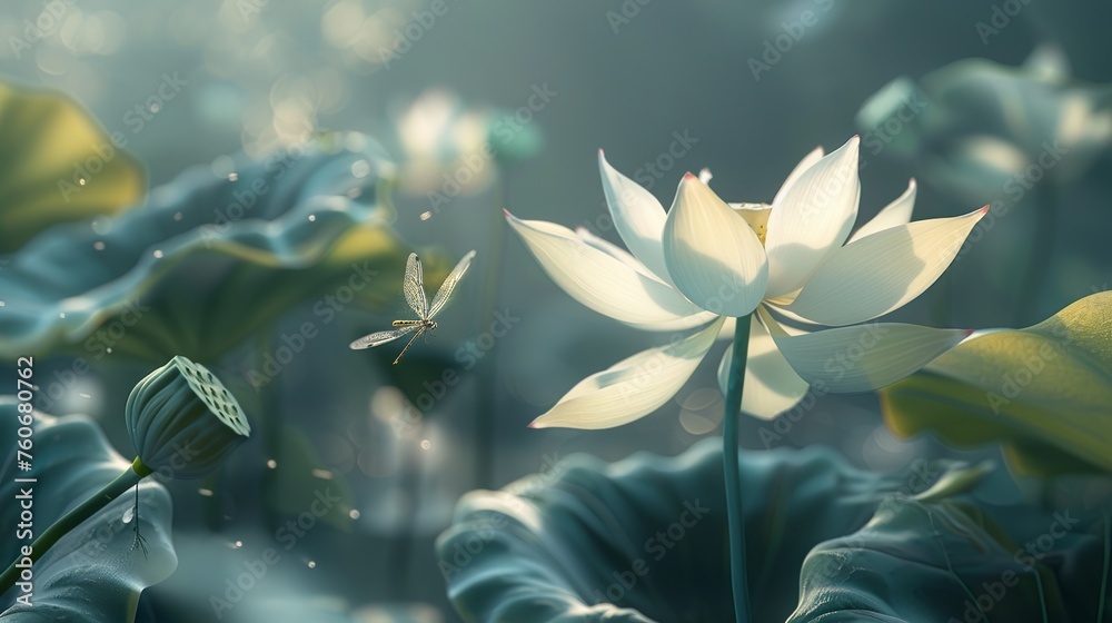 A photorealistic depiction of lotus flower, with intricate details capturing the delicate petals, accompanied by a dragonfly perched on a bud - obrazy, fototapety, plakaty 