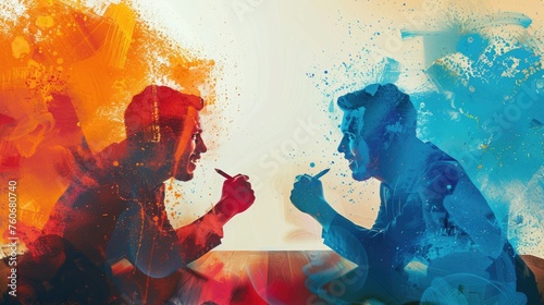 A mediator facilitating a discussion between two opposing sides, where both parties are depicted as expressing themselves freely and being heard