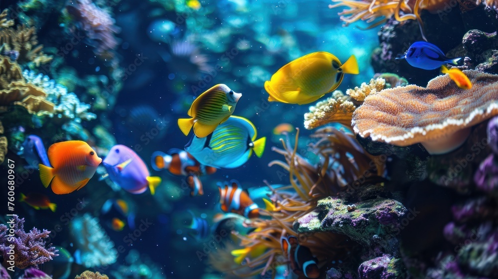Naklejka premium Colorful sea fish swim among beautiful coral reefs. Emphasis on presenting the beauty of corals and aquatic animals.