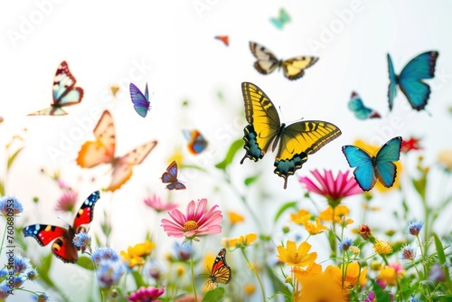  colorful butterflies Flying among the flower gardens Emphasis on presenting the beauty, brightness and vitality of butterflies 