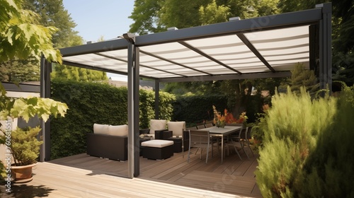 Install a pergola with a retractable canopy for adjustable shade. © Aeman