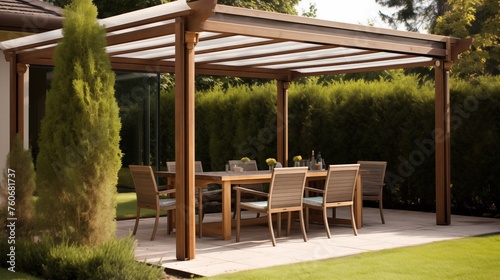 Install a pergola with a retractable canopy for adjustable shade. © Aeman