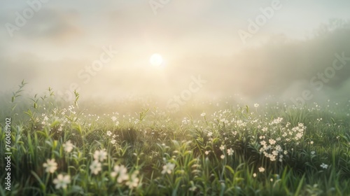morning sun in the meadow Showing the fog covering the ground. Presenting beauty, gentleness, and peace. 