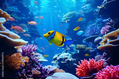 Aquarium Underwater World: A mesmerizing shot of diverse marine life in a vibrant underwater scene, perfect for ocean enthusiasts.