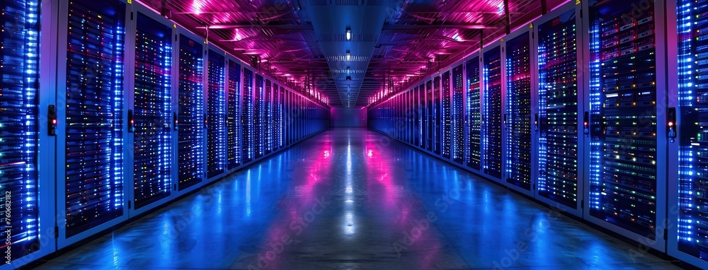 Fototapeta premium Data Center. A Visual Representation of Server Racks in a Data Center room data center backgrounds