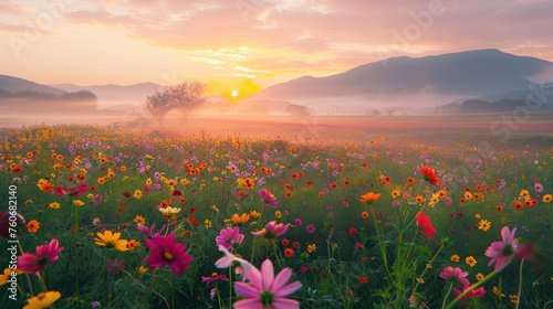 sea of mist and flower fields It shows the beauty, brightness, and vitality of nature. Presenting the harmony of colors and composition. 