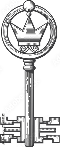 Old key drawing. Royal secret vintage symbol