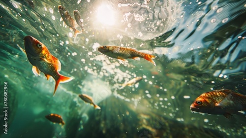 Sea fish from a unique perspective, such as the view from inside a coral reef. Focus on presenting the beauty and strangeness of fish.