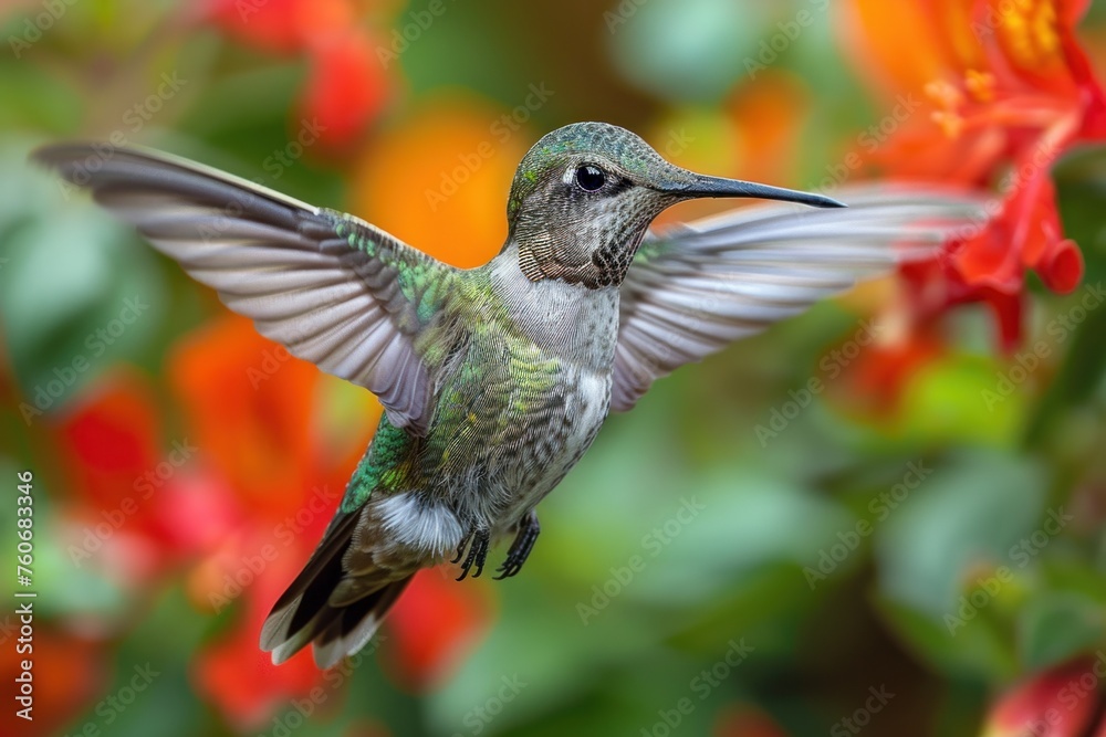Fototapeta premium Elegant hummingbird hovering by vibrant orange flowers with green foliage in the background.