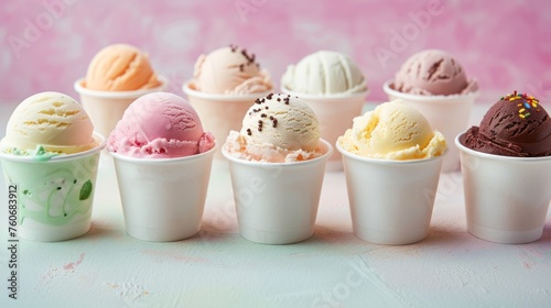 Various flavors of ice cream in cups photo
