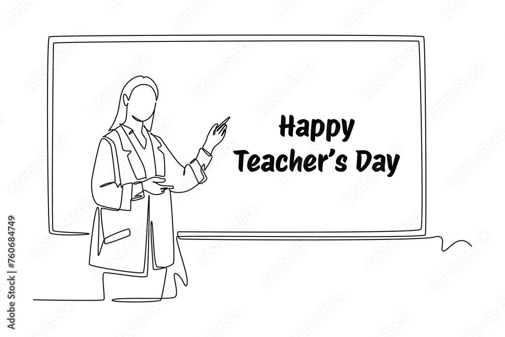One continuous line drawing of young female teacher is explaining in front of the blackboard. World Teachers Day. Trendy single line draw design vector graphic illustration One continuous line drawing of young female teacher is explaining in front of the blackboard. World Teachers Day. Trendy single line draw design vector graphic illustration