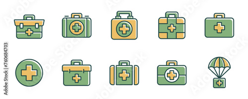 first aid emergency box icon set medical kit health care case medicine treatment vector illustration for web and app