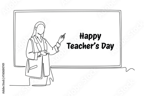 One continuous line drawing of young female teacher is explaining in front of the blackboard. World Teachers Day. Trendy single line draw design vector graphic illustration