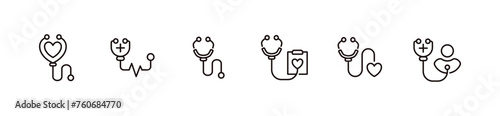 doctor stethoscope medical tool icon set health care diagnosis check-up equipment vector line illustration
