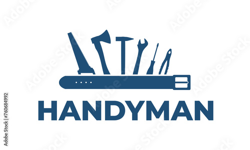 Handyman, repairer services logo, emblem with set of workers tools. Tools silhouettes. Serviceman. Workmen. Wrench, screwdriver, hammer, pliers, axe, hand saw. Flat vector illustration. Isolated.