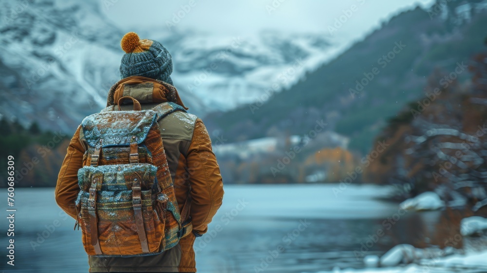 A man with a backpack admiring the view of the mountains and the lake while relaxing in winter nature. A man with a backpack admiring the view of the mountains and the lake while relaxing in winter nature.