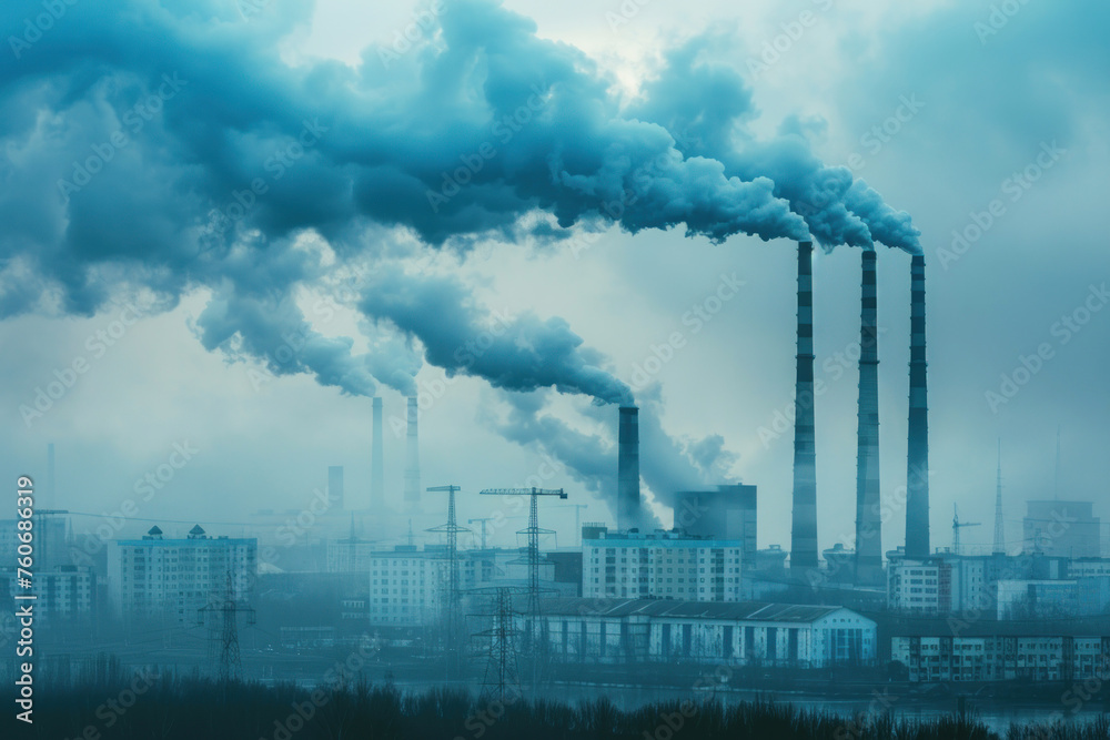 Air pollution smog from power industrial factory plant chimneys smoking pipe