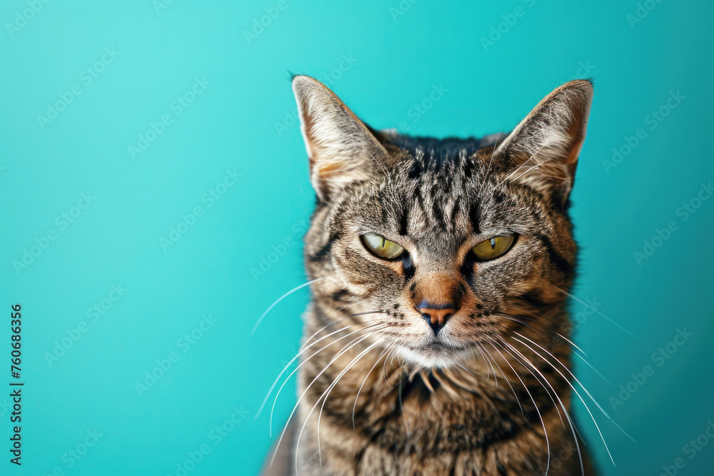 Angry cat portrait on a solid color background