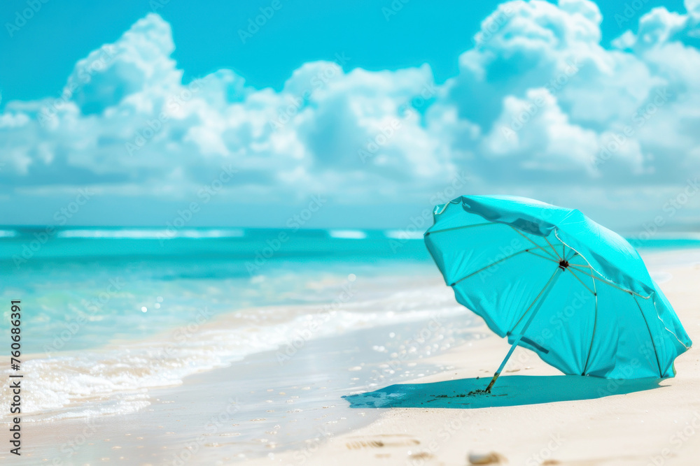 beach scene, with azure waters, under bright blue umbrella. Concept banner tourism.