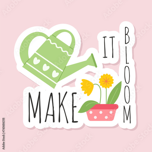 Funny sticker for greeting card. Spring work in garden. Watering plants. Vector sticker on spring theme in pastel colors for postcards, scrapbooking, social networks, magnets, invitations, posters