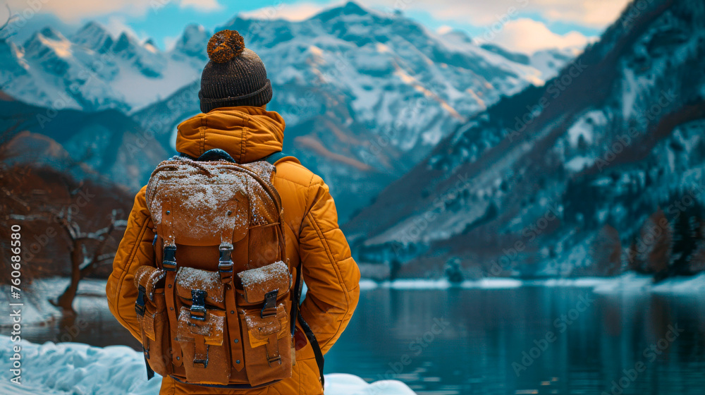 a girl with a backpack while relaxing in winter nature a girl with a backpack while relaxing in winter nature