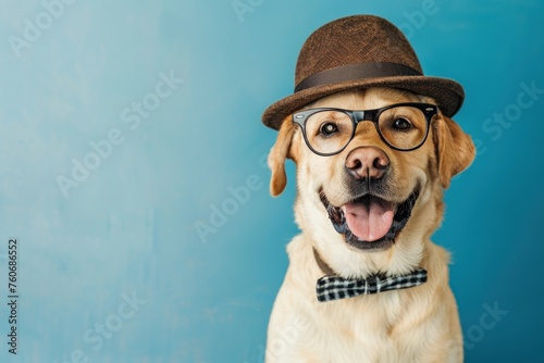 Happy dog studio shot, wearing glasses and hat, solid color background