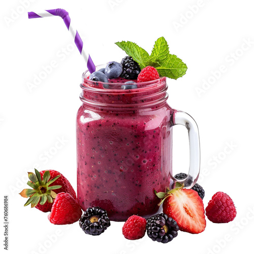 A mixed berry smoothie in a mason jar with a striped straw, isolated on white.