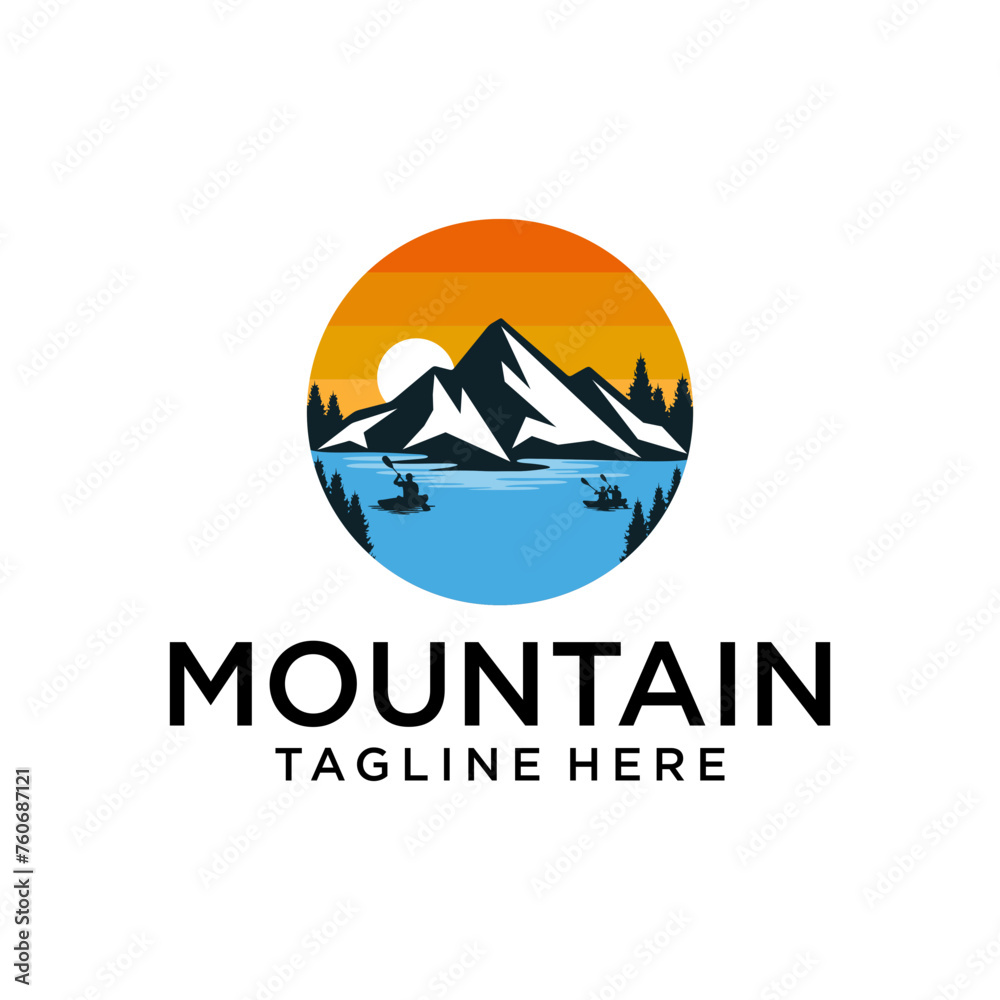 Natural landscape silhouette. Sun and moon mountains, forest in the background. Blue, yellow, and green illustration Natural landscape silhouette. Sun and moon mountains, forest in the background. Blue, yellow, and green illustration