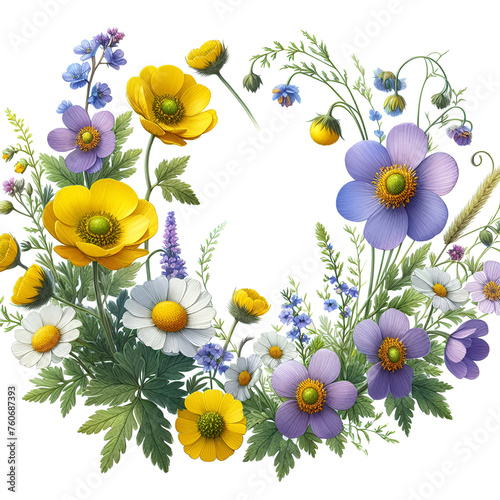 Set of meadow flowers wreath of yellow buttercup and common tansy. photo