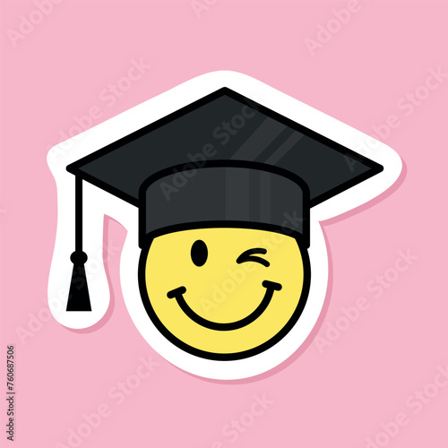 smiling face with winking eye wearing graduation hat sticker, yellow symbol with black outline, groovy aesthetic vector design element