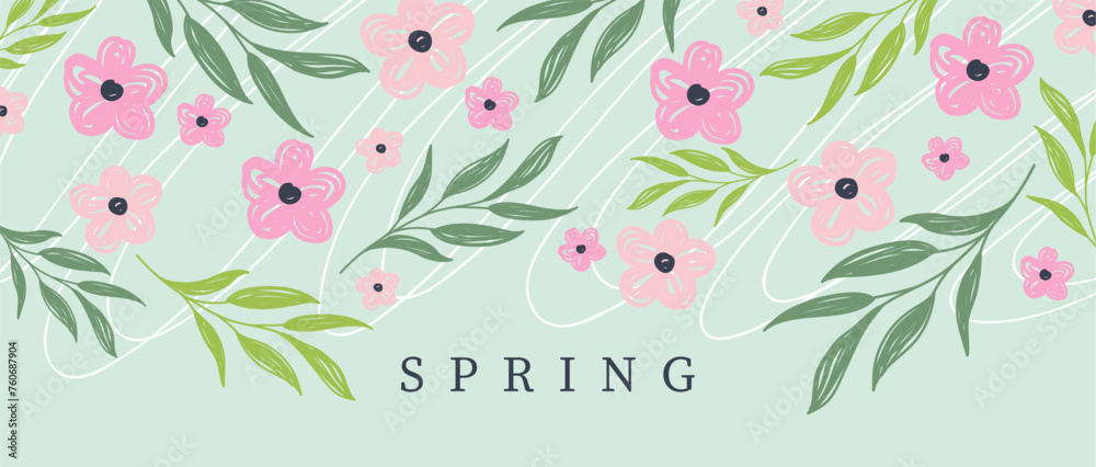 Spring vector illustration, pink flowers on green background. Design for wallpaper, poster, banner, card, print, web and packaging.