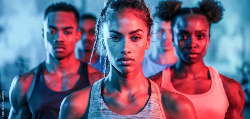 Obraz premium Group of People Standing in Front of Blue Background. Generative AI