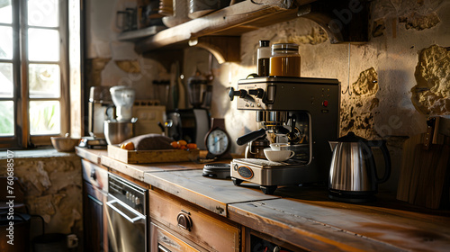 Coffee machine in a rustic kitchen.