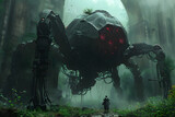 In this atmospheric scene, an explorer stands before a colossal mech amidst the verdant overgrowth of what appears to be ancient ruins.