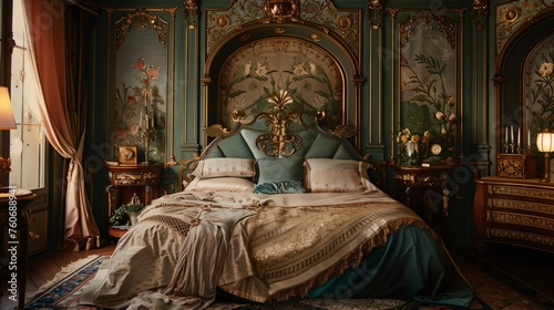 Craft an intimate atmosphere with an Art Nouveau themed boudoir blending romance and artistry photo