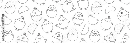 Easter chicken seamless pattern, chick egg background, thin line art, funny baby bird outline design, cute little animal print. Cartoon black and white vector illustration