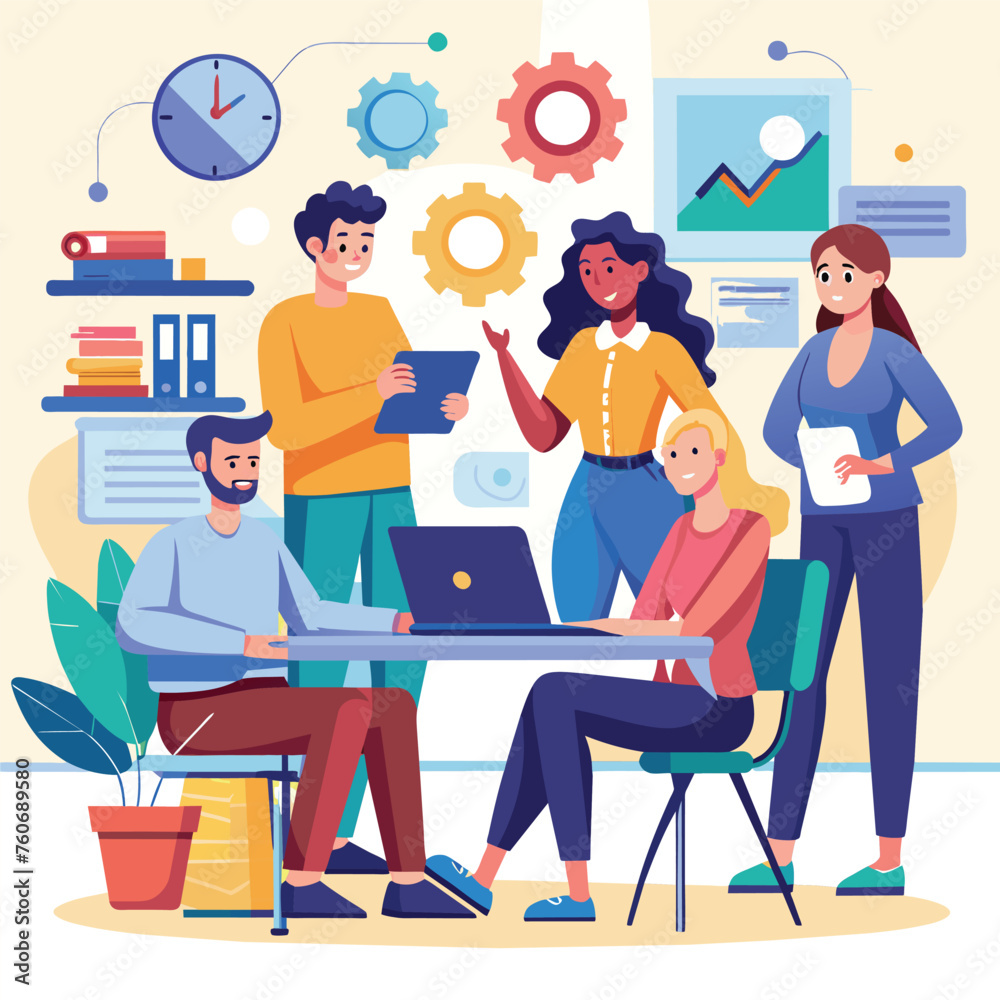 Teamwork concept in flat style. Group of people working together. Vector illustration